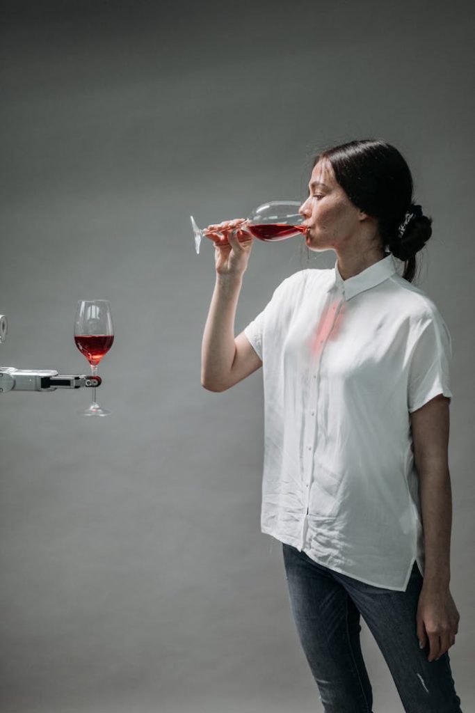 A woman taste-testing wine with the aid of a robotic arm, exemplifying modern technology and lifestyle.